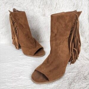 Dolce Vita Mazarine Boho Fringe Suede Peep-Toe Booties Brown Size 8.5